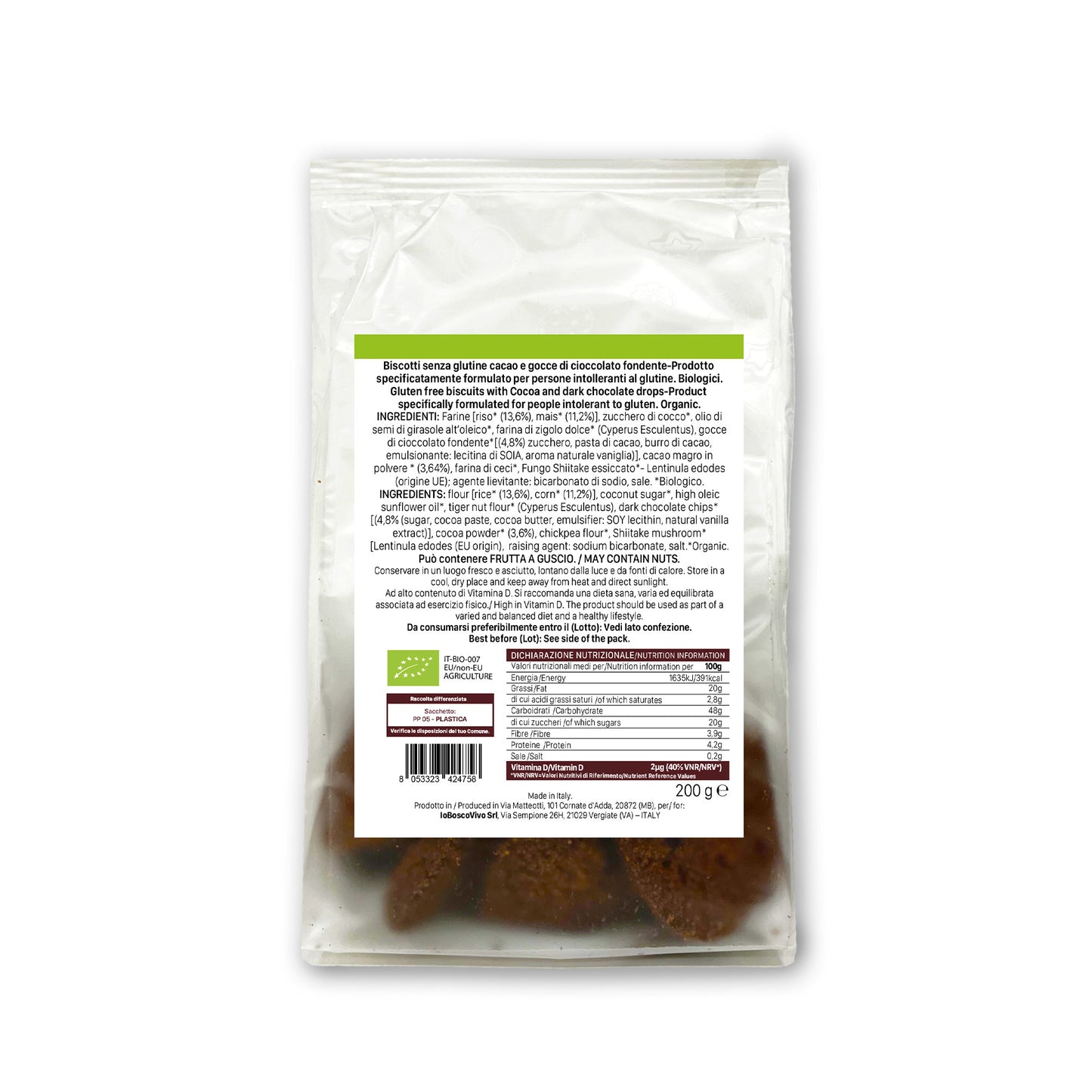 Glutenfreie Kekse mit Kakao und dunklen Schokoladentropfen BIO