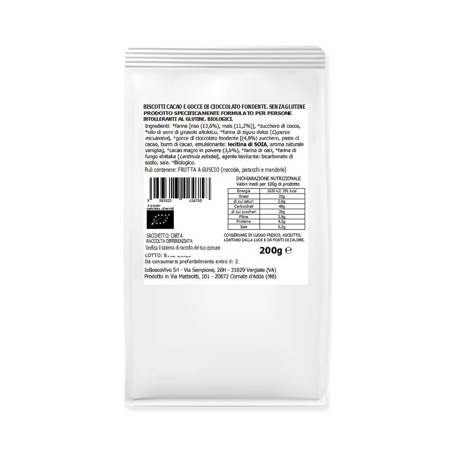 Biscotti S/Glutine al Cacao e gocce di Cioccolato fondente BIO 200g