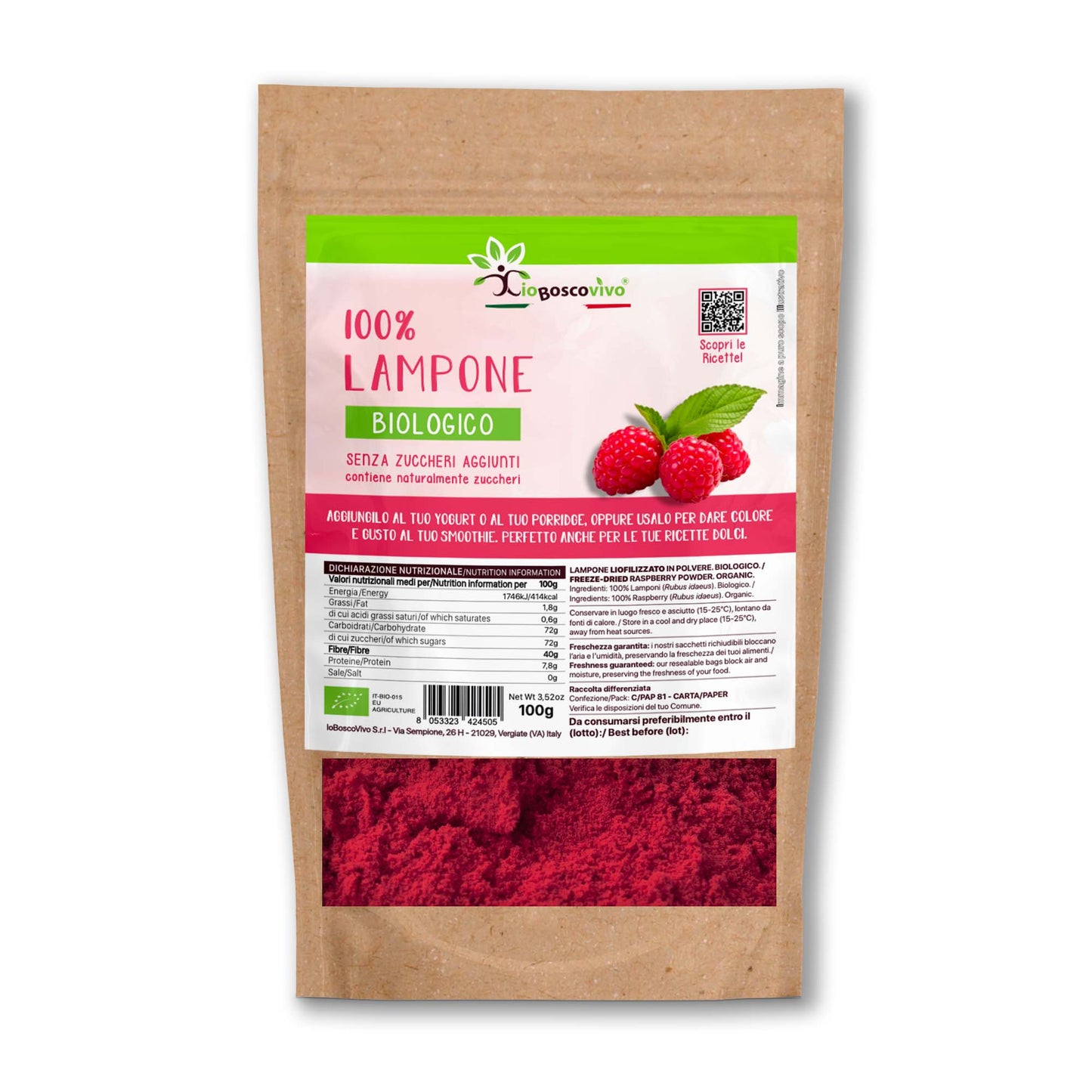 100% Lampone liofilizzato in polvere BIO - 100g Ideale per colorare le tue ricette!