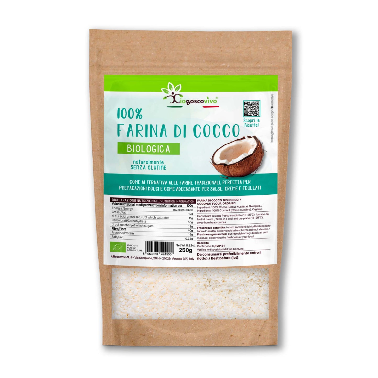 100% Farina di Cocco senza glutine BIO - 250g Ideale per Dieta Chetogenica