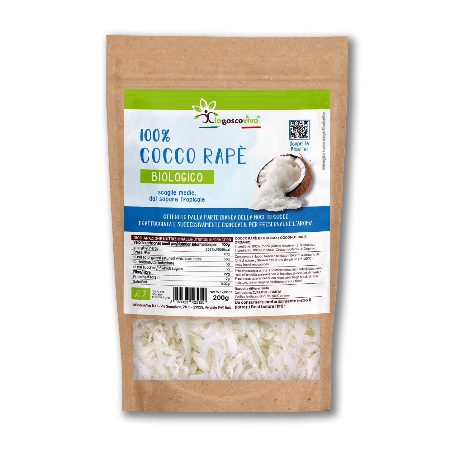 100% Cocco grattugiato a scaglie BIO - 200g Ideale per Dieta Chetogenica