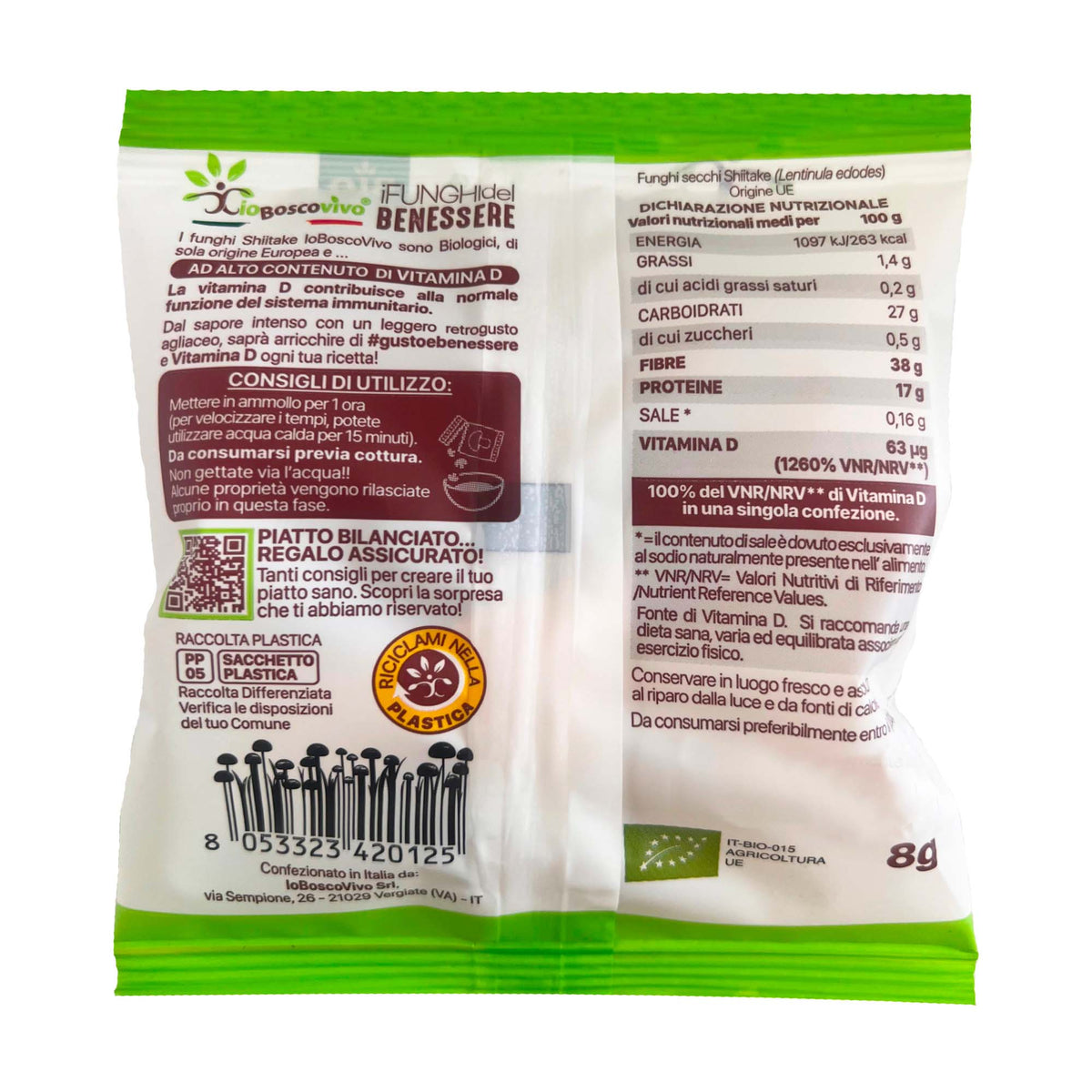 Retro della confezione di Funghi Shiitake BIO a fette 8 g, con consigli di utilizzo e valori nutrizionali.