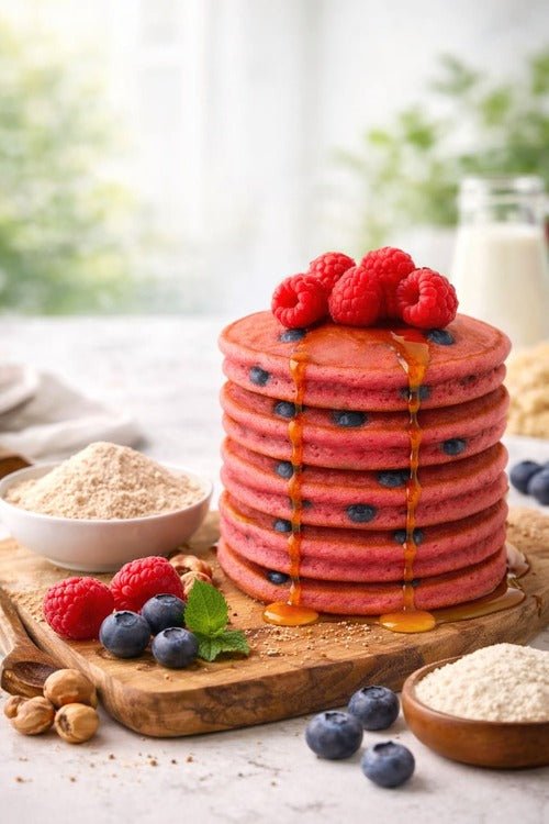 Pila di pancake rosa con lamponi, mirtilli e una guarnizione colata, su un tagliere di legno.
