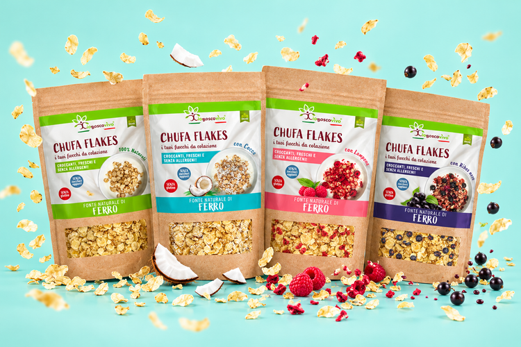 Banner pop con tutti e quattro i gusti Chufa Flakes