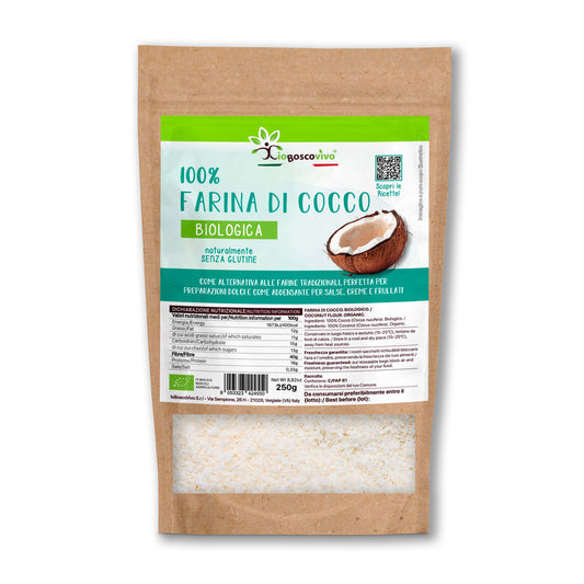 100% Farina di Cocco senza glutine BIO - 250g Ideale per Dieta Chetogenica - IoBoscoVivo Srl