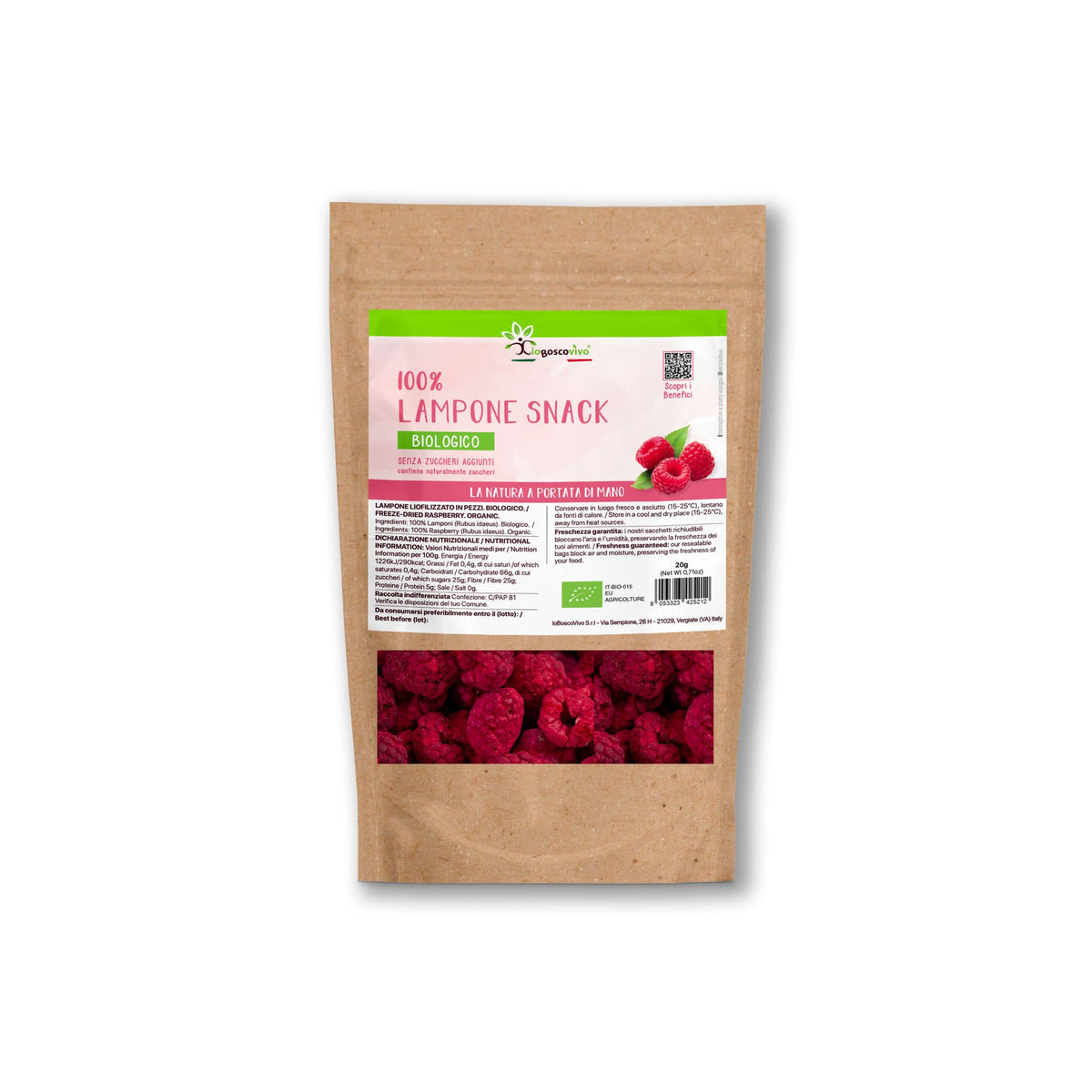 100% Lampone Snack liofilizzato intero BIO - 20g - IoBoscoVivo Srl