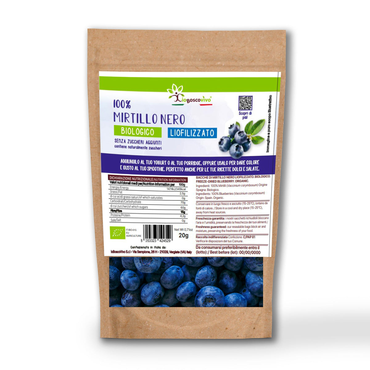 100% Mirtillo Nero intero liofilizzato BIO - 20g - IoBoscoVivo Srl