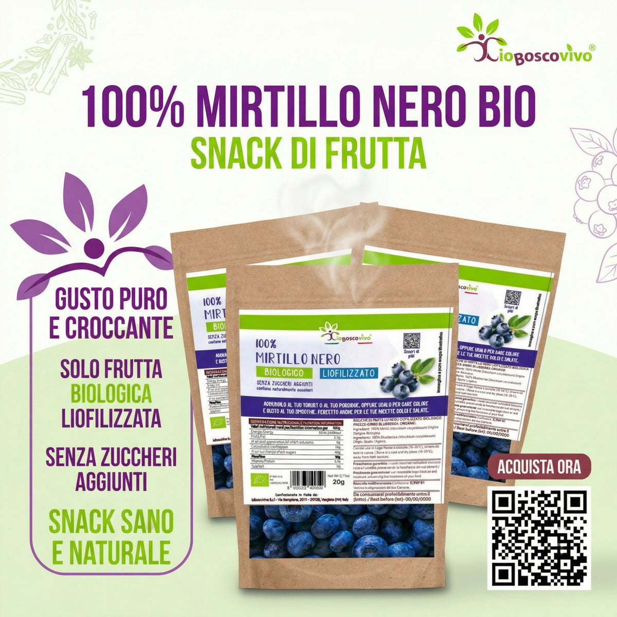 100% Mirtillo Nero intero liofilizzato BIO - 20g - IoBoscoVivo Srl