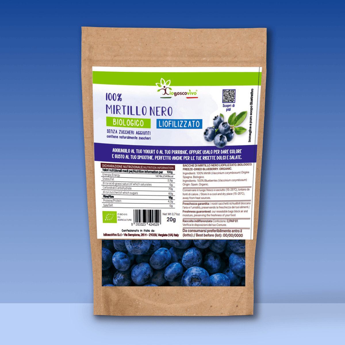 100% Mirtillo Nero intero liofilizzato BIO - 20g - IoBoscoVivo Srl