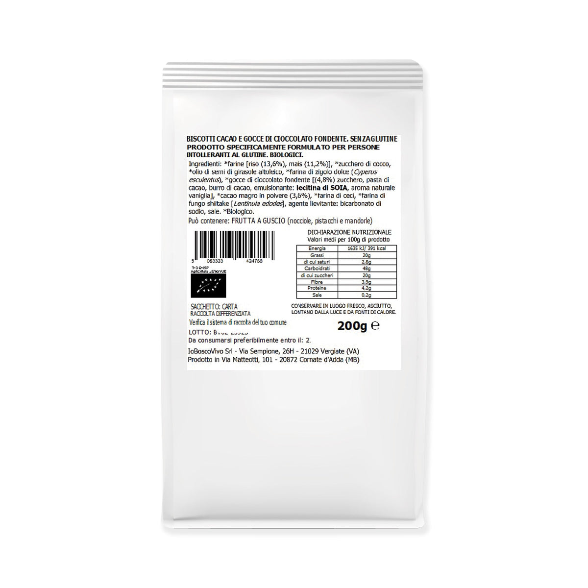 Biscotti senza glutine al Cacao bio con gocce di Cioccolato fondente BIO 200g