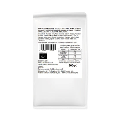 Retro della confezione dei biscotti BIO alle nocciole e farina di ceci 200 g, con ingredienti e valori nutrizionali.