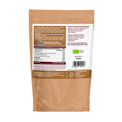 Retro della confezione di Farina di Chufa BIO 250 g, con ingredienti e valori nutrizionali.
