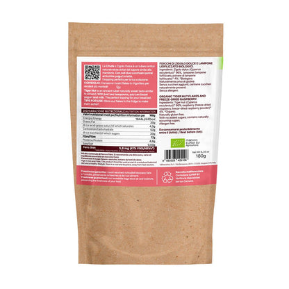 Retro della confezione di Chufa Flakes al lampone BIO 180 g con ingredienti, valori nutrizionali e conservazione.