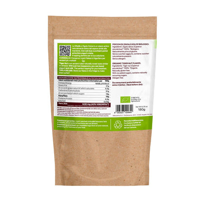 Retro della confezione di Chufa Flakes BIO 180 g con ingredienti, valori nutrizionali e indicazioni di conservazione.