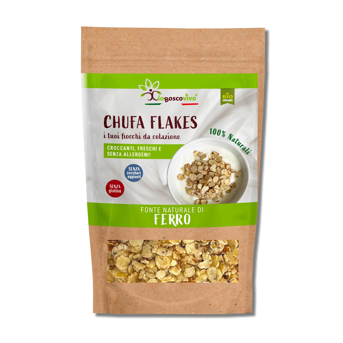 Confezione frontale di Chufa Flakes BIO IoBoscoVivo da 180 g, con fiocchi visibili nella finestra.