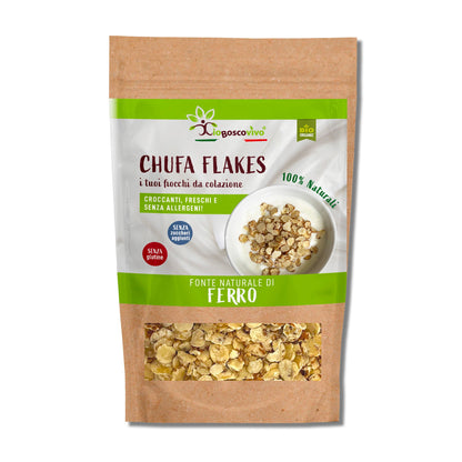 Confezione frontale di Chufa Flakes BIO IoBoscoVivo da 180 g, con fiocchi visibili nella finestra.