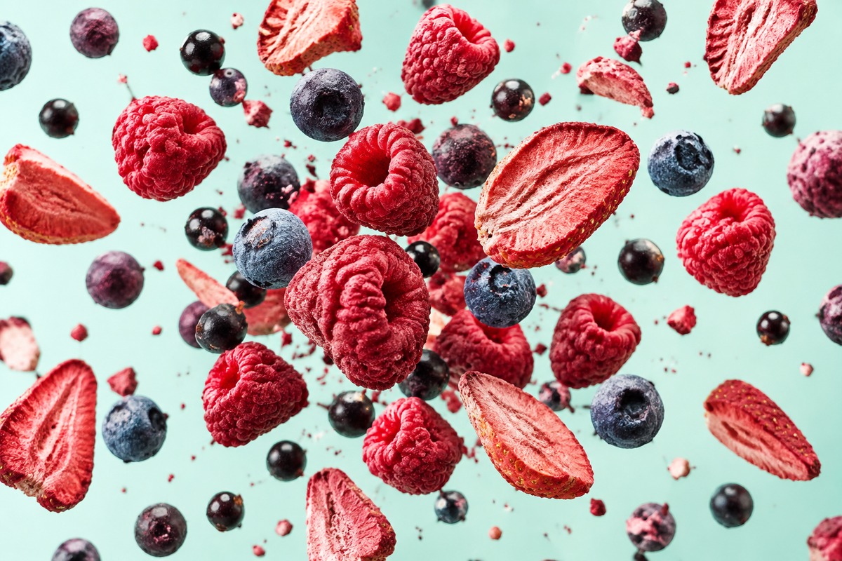 Frutta liofilizzata effetto pop su fondo verde menta