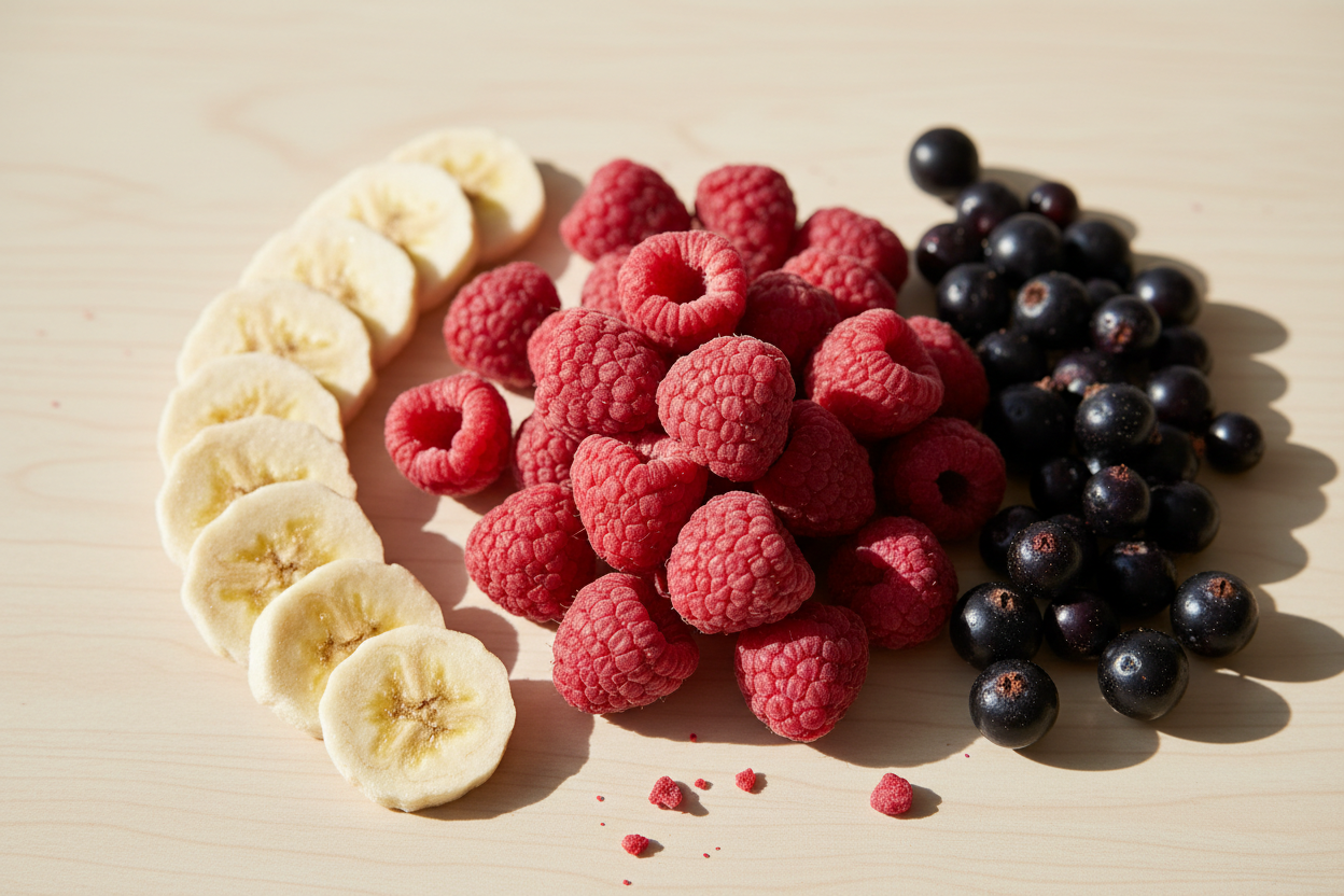 FRUTTA LIOFILIZZATA LAMPONI, BANANA A RONDELLE E RIBES NERO