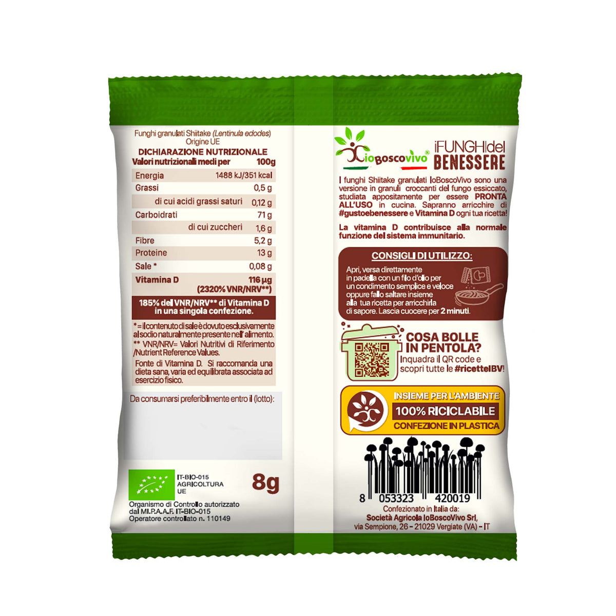 Retro della confezione di Funghi Shiitake granulati BIO 8 g, con consigli di utilizzo e valori nutrizionali.