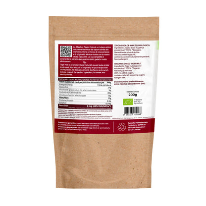 Retro della confezione di Granella di Chufa BIO 200 g con ingredienti, valori nutrizionali e conservazione.