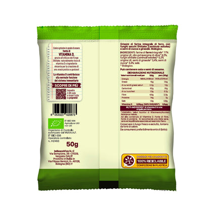 Retro della confezione dei grissini BIO con shiitake e semi da 50 g, con ingredienti e valori nutrizionali.