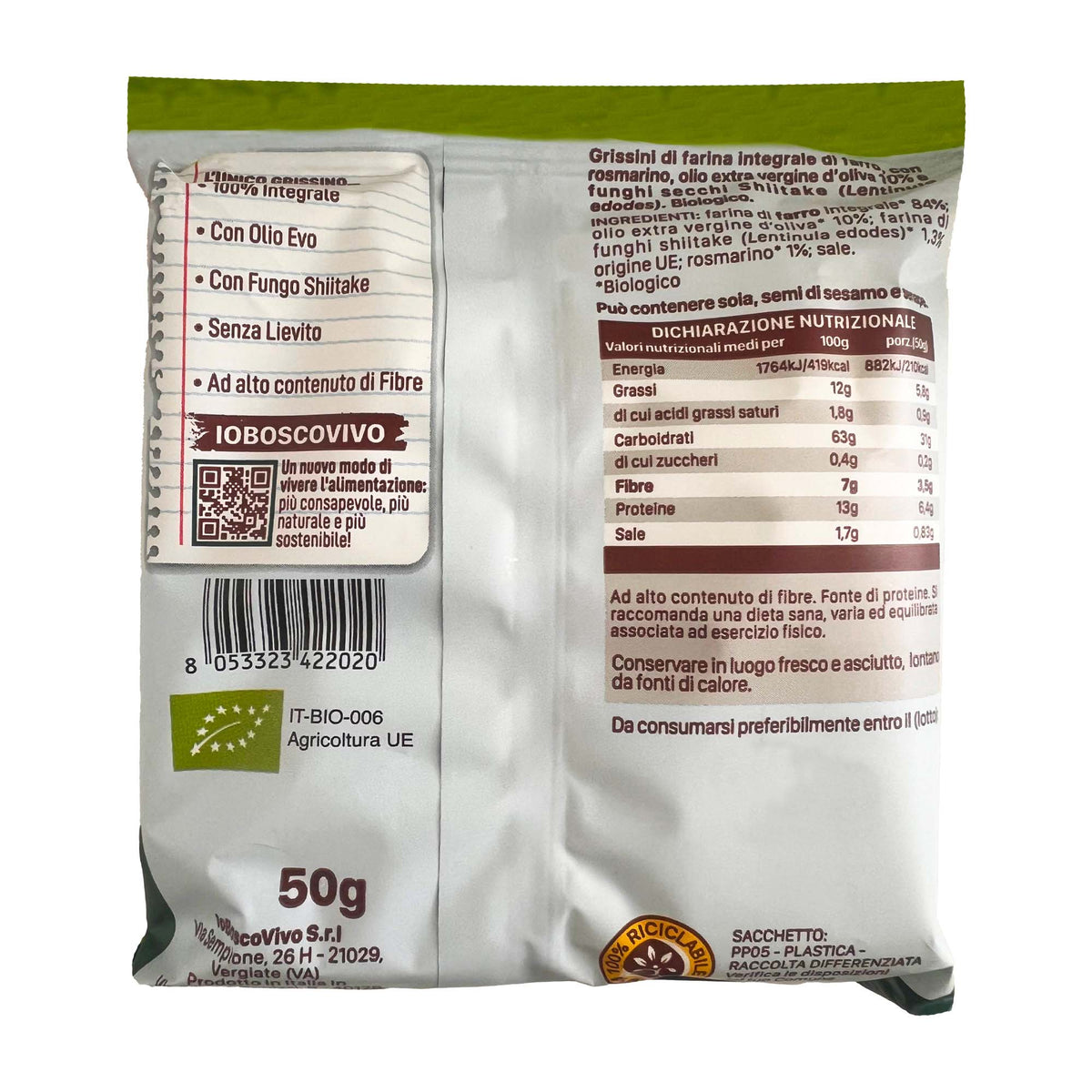 Retro della confezione dei Grissini al Rosmarino e Shiitake BIO 50 g, con ingredienti e valori nutrizionali.