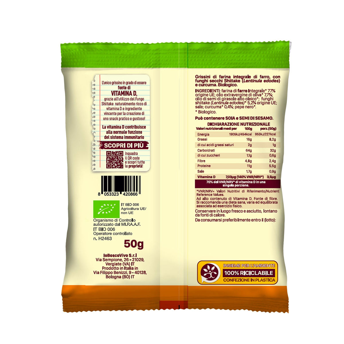 Retro della confezione dei Grissini alla Curcuma e Shiitake BIO 50 g, con ingredienti e valori nutrizionali.