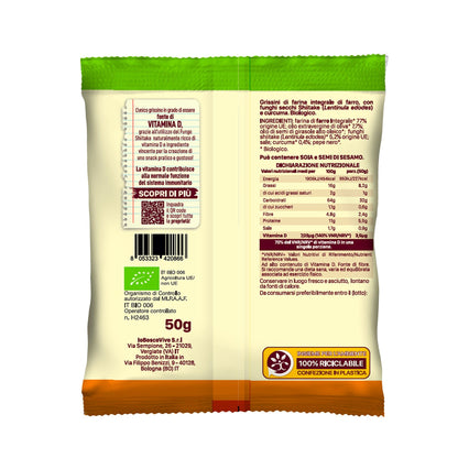 Retro della confezione dei Grissini alla Curcuma e Shiitake BIO 50 g, con ingredienti e valori nutrizionali.