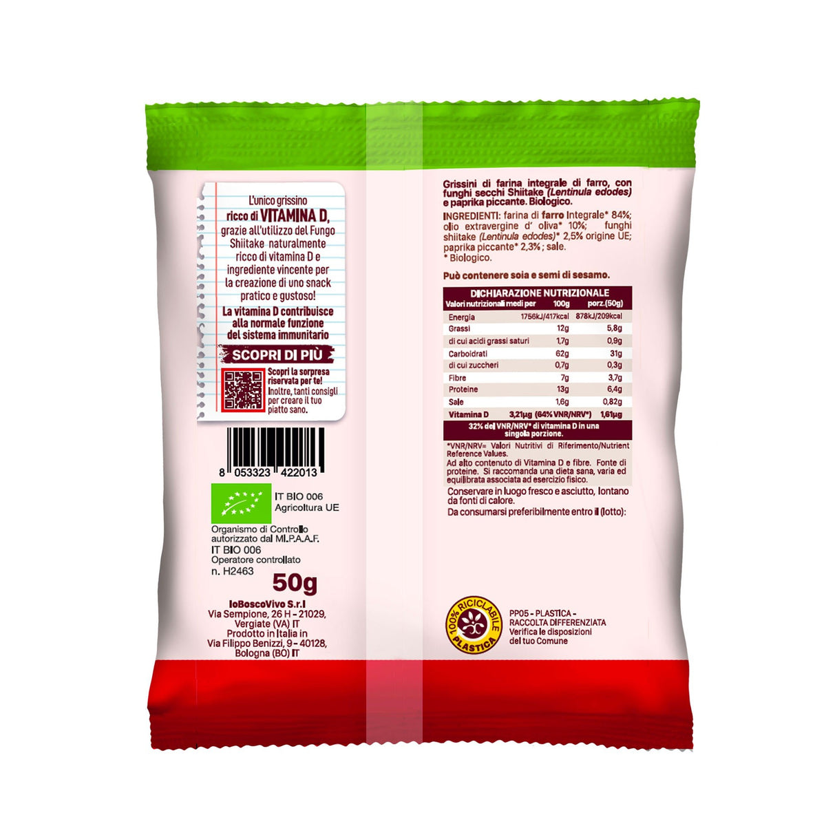 Retro della confezione dei Grissini alla Paprika Piccante e Shiitake BIO 50 g, con ingredienti e valori nutrizionali.