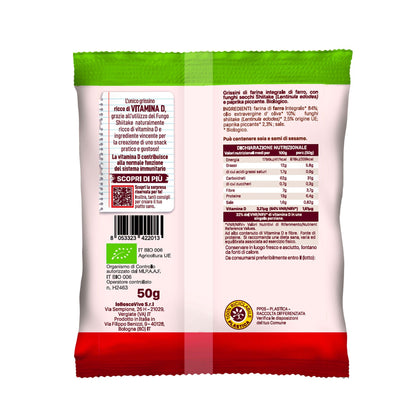 Retro della confezione dei Grissini alla Paprika Piccante e Shiitake BIO 50 g, con ingredienti e valori nutrizionali.