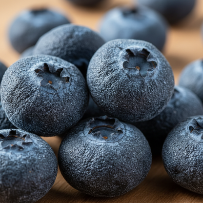 Dettaglio macro dei mirtilli neri liofilizzati interi croccanti