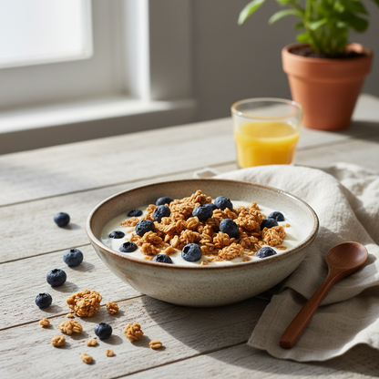 Mirtilli neri liofilizzati come topping su yogurt e granola per colazione