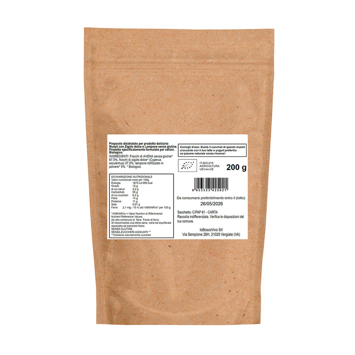Muesli Croccante Bio Avena, Chufa e Lampone Senza Glutine 200g - IoBoscoVivo Srl