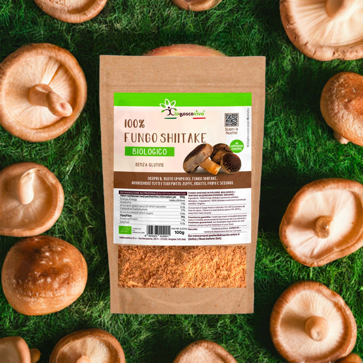 Confezione di Polvere di Fungo Shiitake BIO 100 g circondata da funghi interi su uno sfondo verde.