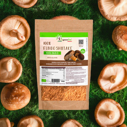 Confezione di Polvere di Fungo Shiitake BIO 100 g circondata da funghi interi su uno sfondo verde.