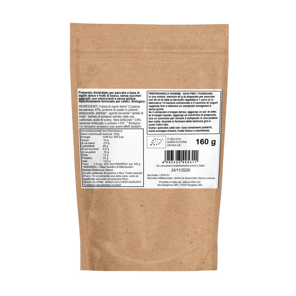 Retro del preparato BIO per pancake ai frutti di bosco 160 g con ingredienti, valori nutrizionali e istruzioni.