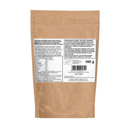 Retro del preparato BIO per pancake ai frutti di bosco 160 g con ingredienti, valori nutrizionali e istruzioni.